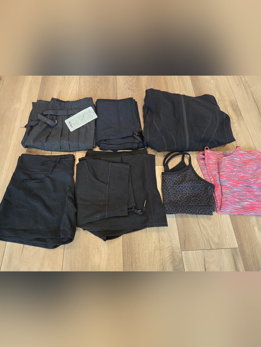 Size 8 vintage Lululemon bundle, 7 items total, black pants, shorts & coral tank